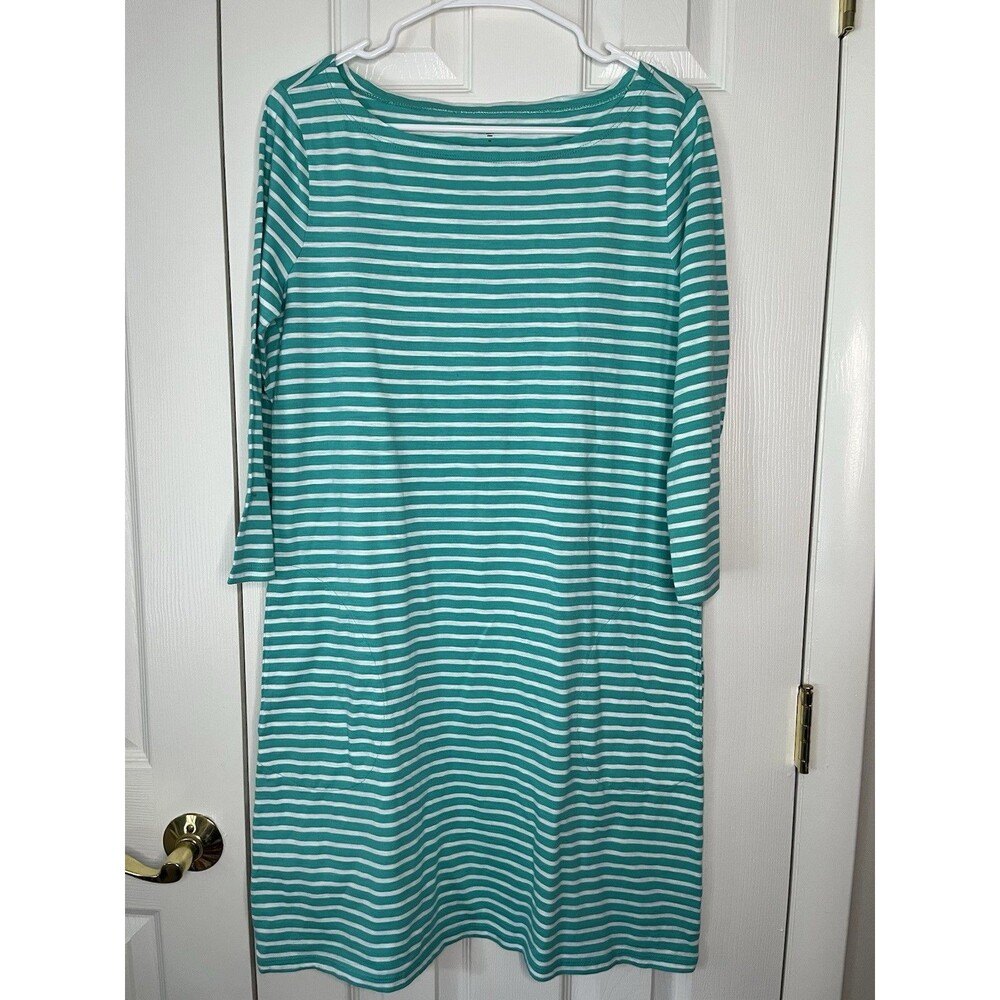 Garnet Hill Shift Dress Green/White Stripe 3/4 Sleeve Cotton Size 8